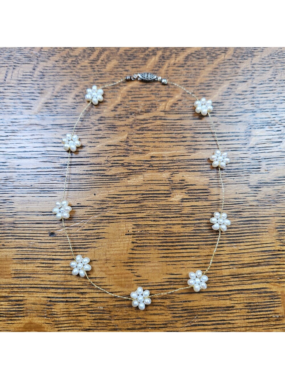 Vintage Faux Pearl Flower Necklace Gold Tone Fishhook Clasp Bridal Cottagecore